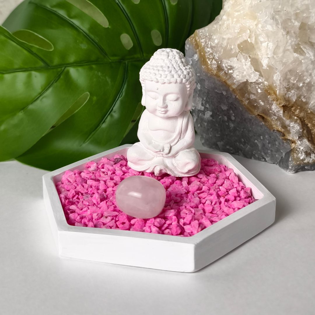 Jardín Zen Hexagonal Con Cuarzo rosado