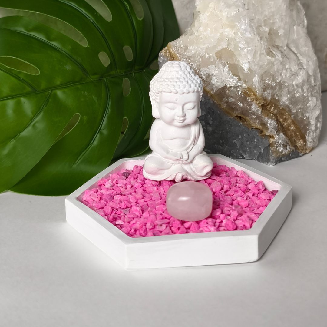 Jardín Zen Hexagonal Con Cuarzo rosado